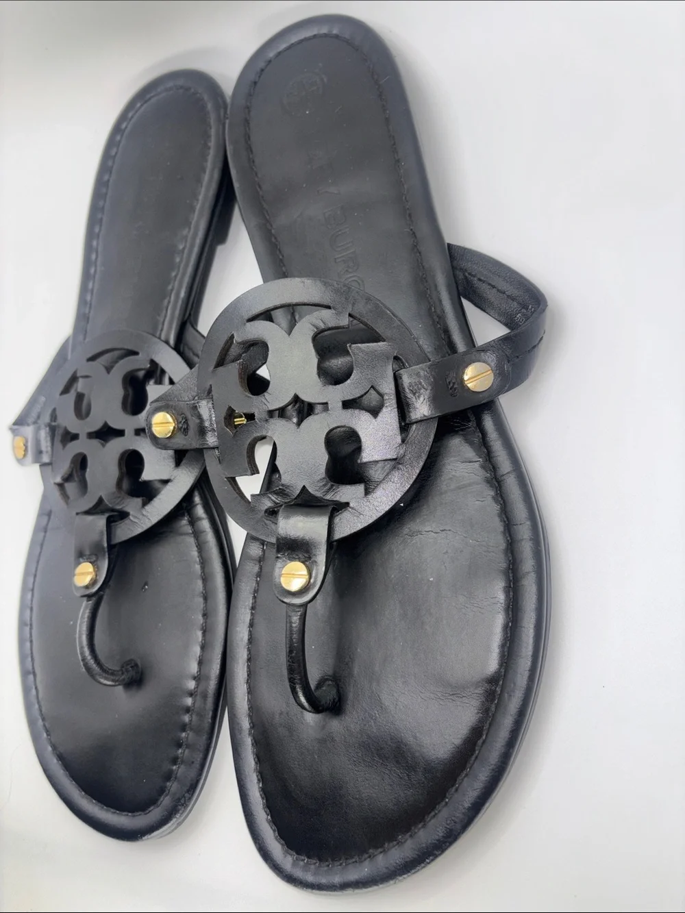 Tory Burch Black Leather Logo Thong Sandals with Gold Studs